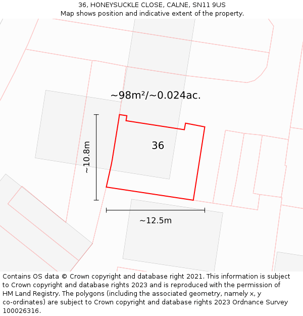 36, HONEYSUCKLE CLOSE, CALNE, SN11 9US: Plot and title map