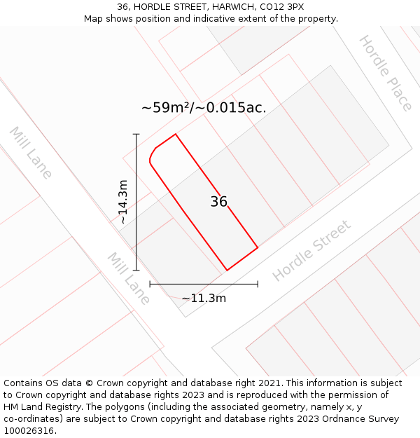 36, HORDLE STREET, HARWICH, CO12 3PX: Plot and title map