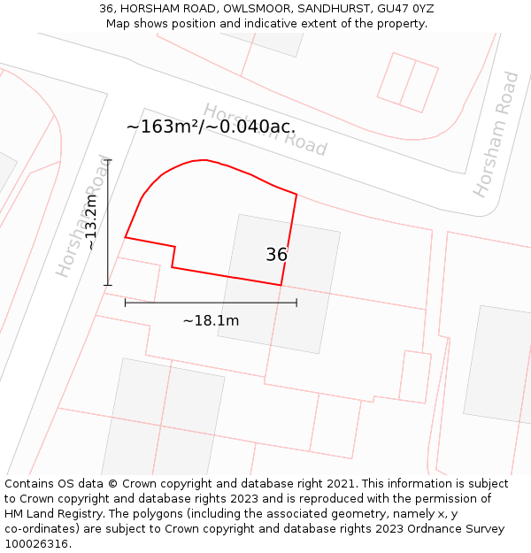 36, HORSHAM ROAD, OWLSMOOR, SANDHURST, GU47 0YZ: Plot and title map