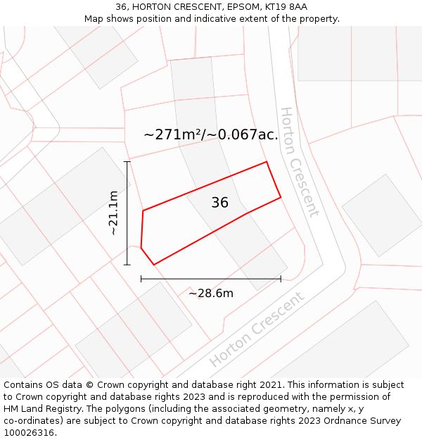 36, HORTON CRESCENT, EPSOM, KT19 8AA: Plot and title map