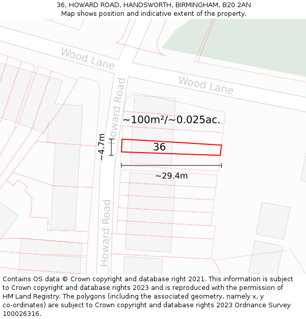 36, HOWARD ROAD, HANDSWORTH, BIRMINGHAM, B20 2AN: Plot and title map