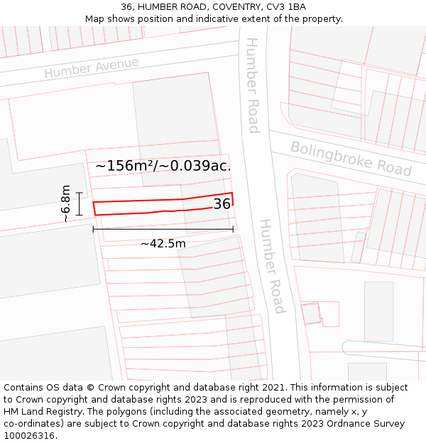36, HUMBER ROAD, COVENTRY, CV3 1BA: Plot and title map
