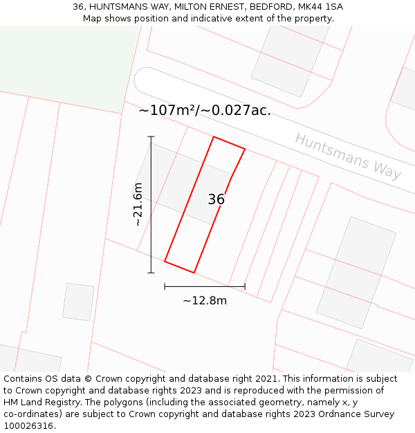 36, HUNTSMANS WAY, MILTON ERNEST, BEDFORD, MK44 1SA: Plot and title map