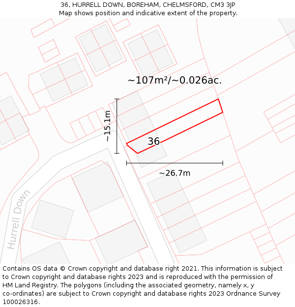 36, HURRELL DOWN, BOREHAM, CHELMSFORD, CM3 3JP: Plot and title map
