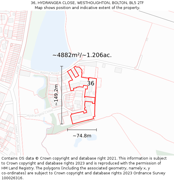 36, HYDRANGEA CLOSE, WESTHOUGHTON, BOLTON, BL5 2TF: Plot and title map