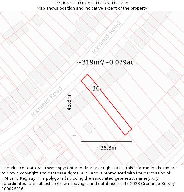36, ICKNIELD ROAD, LUTON, LU3 2PA: Plot and title map