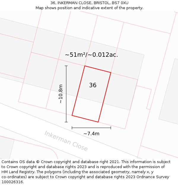 36, INKERMAN CLOSE, BRISTOL, BS7 0XU: Plot and title map