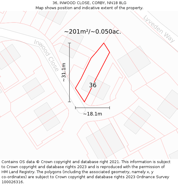36, INWOOD CLOSE, CORBY, NN18 8LG: Plot and title map