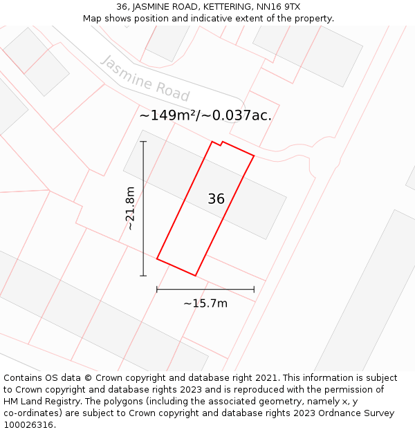 36, JASMINE ROAD, KETTERING, NN16 9TX: Plot and title map