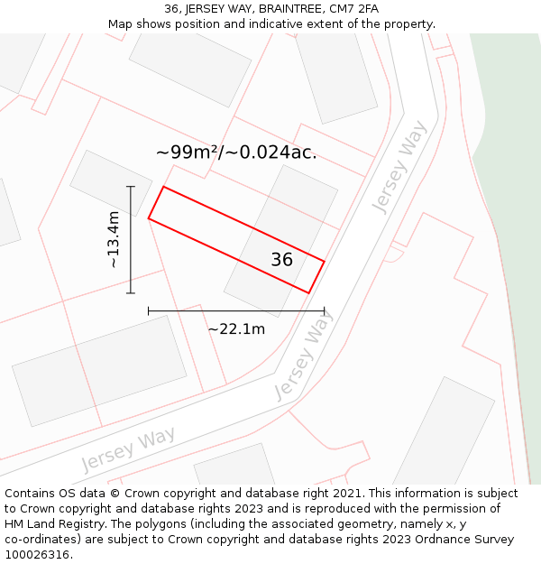 36, JERSEY WAY, BRAINTREE, CM7 2FA: Plot and title map