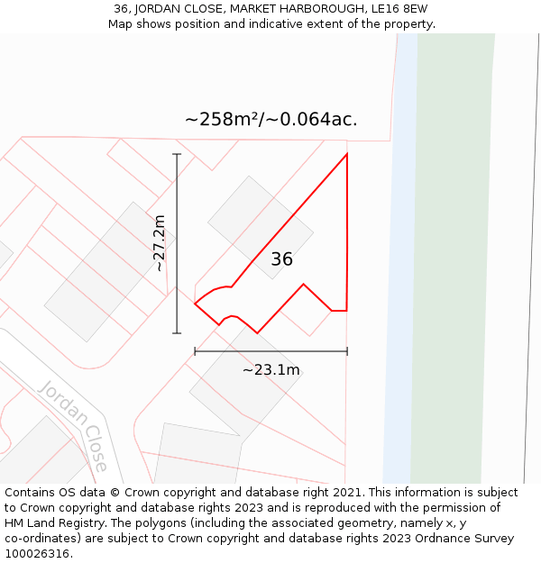 36, JORDAN CLOSE, MARKET HARBOROUGH, LE16 8EW: Plot and title map