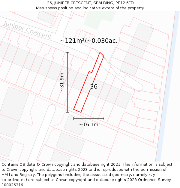 36, JUNIPER CRESCENT, SPALDING, PE12 6FD: Plot and title map