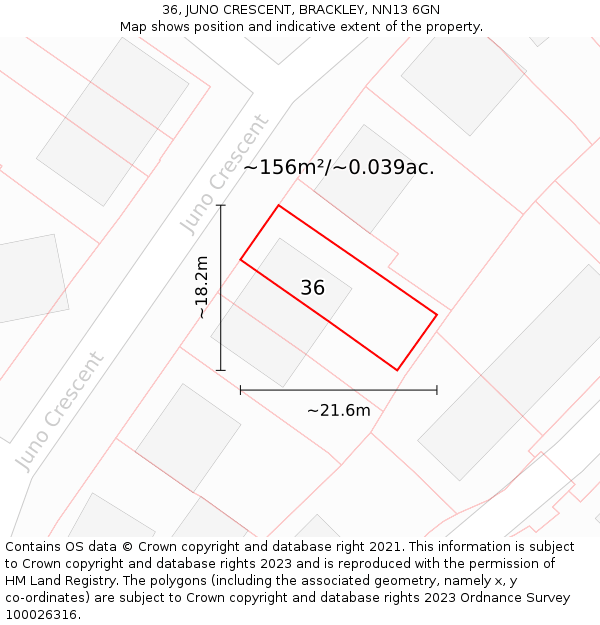 36, JUNO CRESCENT, BRACKLEY, NN13 6GN: Plot and title map