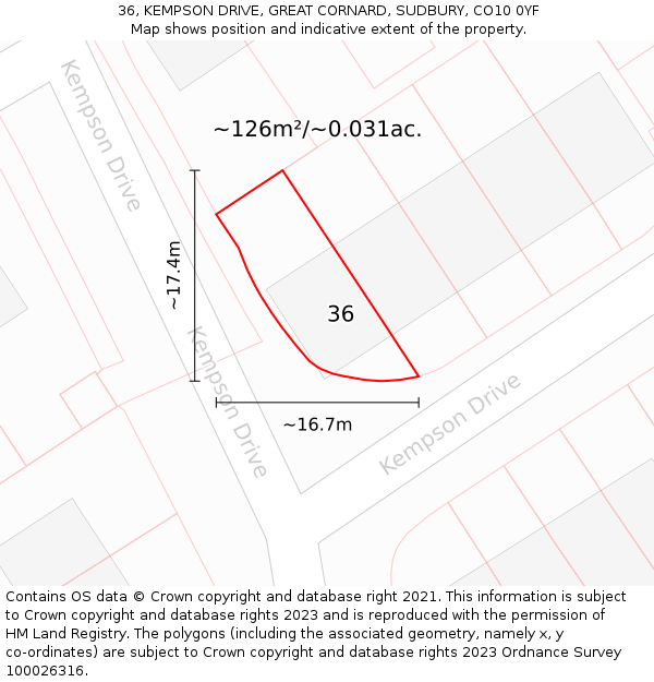 36, KEMPSON DRIVE, GREAT CORNARD, SUDBURY, CO10 0YF: Plot and title map
