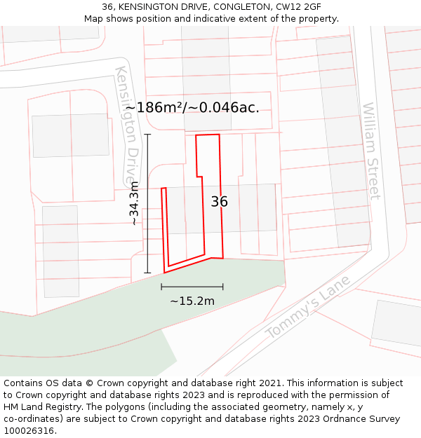 36, KENSINGTON DRIVE, CONGLETON, CW12 2GF: Plot and title map