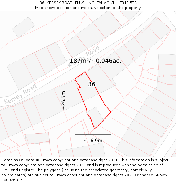 36, KERSEY ROAD, FLUSHING, FALMOUTH, TR11 5TR: Plot and title map