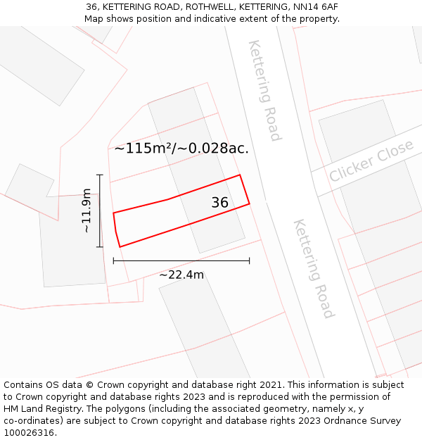 36, KETTERING ROAD, ROTHWELL, KETTERING, NN14 6AF: Plot and title map