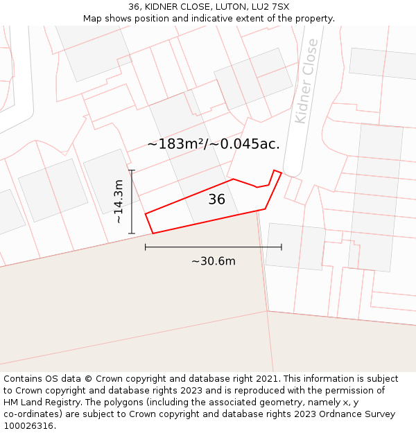36, KIDNER CLOSE, LUTON, LU2 7SX: Plot and title map