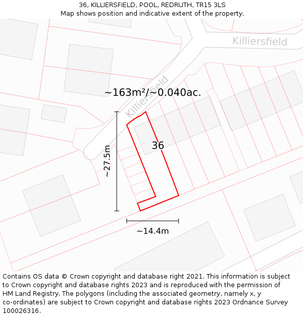 36, KILLIERSFIELD, POOL, REDRUTH, TR15 3LS: Plot and title map