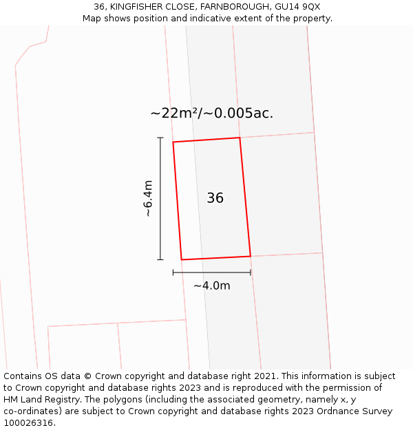 36, KINGFISHER CLOSE, FARNBOROUGH, GU14 9QX: Plot and title map