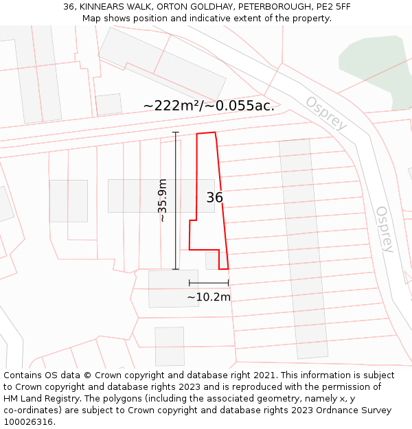 36, KINNEARS WALK, ORTON GOLDHAY, PETERBOROUGH, PE2 5FF: Plot and title map