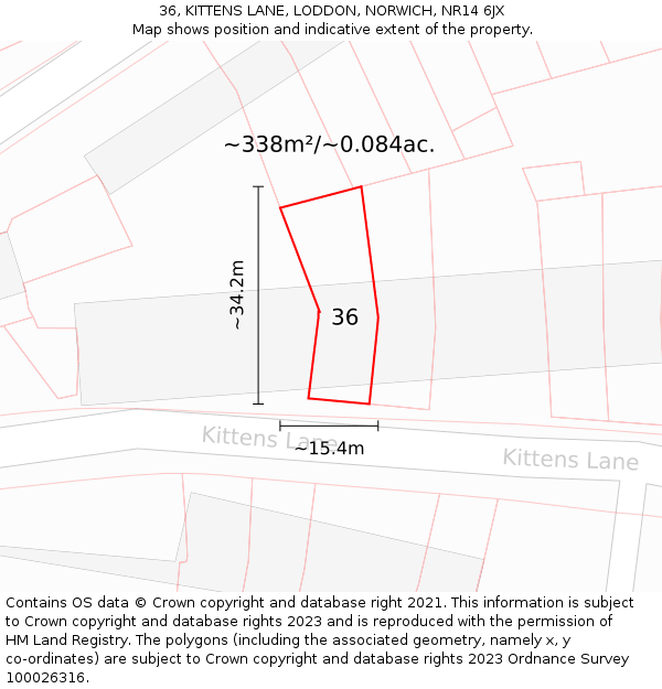 36, KITTENS LANE, LODDON, NORWICH, NR14 6JX: Plot and title map