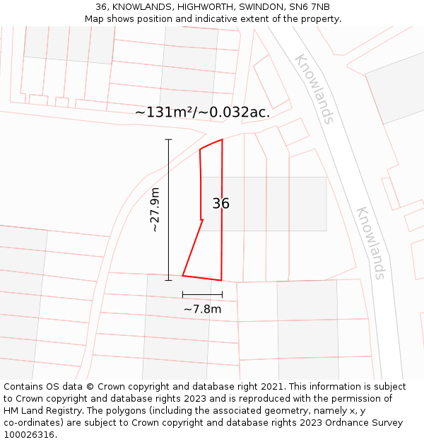 36, KNOWLANDS, HIGHWORTH, SWINDON, SN6 7NB: Plot and title map