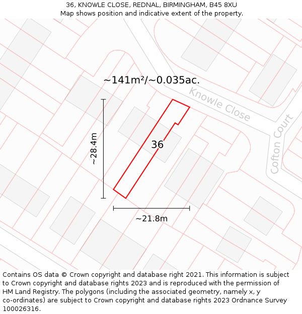 36, KNOWLE CLOSE, REDNAL, BIRMINGHAM, B45 8XU: Plot and title map