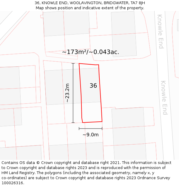 36, KNOWLE END, WOOLAVINGTON, BRIDGWATER, TA7 8JH: Plot and title map