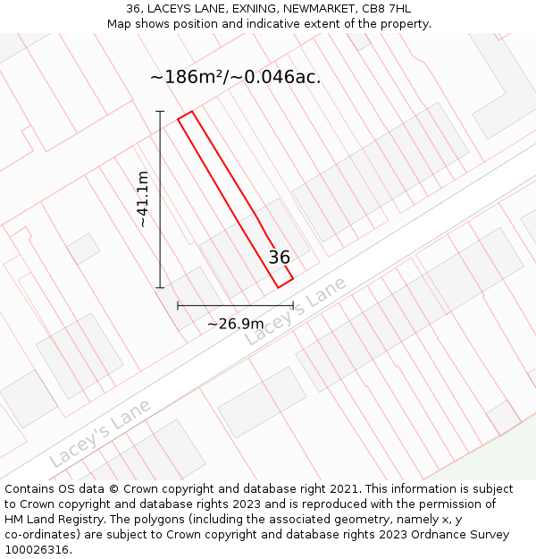 36, LACEYS LANE, EXNING, NEWMARKET, CB8 7HL: Plot and title map