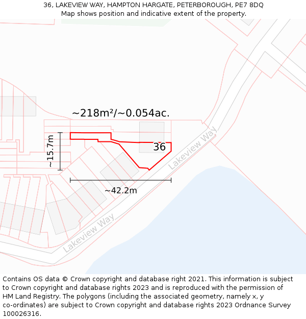 36, LAKEVIEW WAY, HAMPTON HARGATE, PETERBOROUGH, PE7 8DQ: Plot and title map