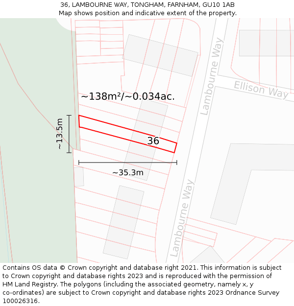 36, LAMBOURNE WAY, TONGHAM, FARNHAM, GU10 1AB: Plot and title map