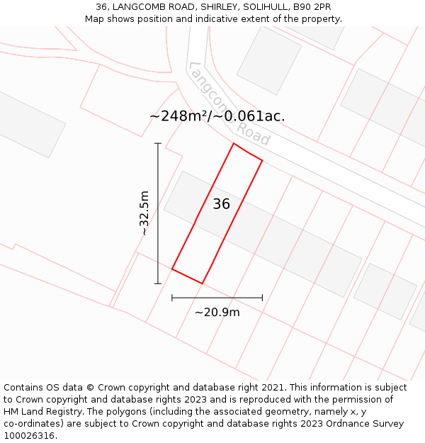 36, LANGCOMB ROAD, SHIRLEY, SOLIHULL, B90 2PR: Plot and title map