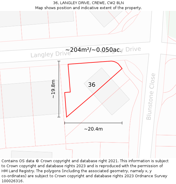 36, LANGLEY DRIVE, CREWE, CW2 8LN: Plot and title map