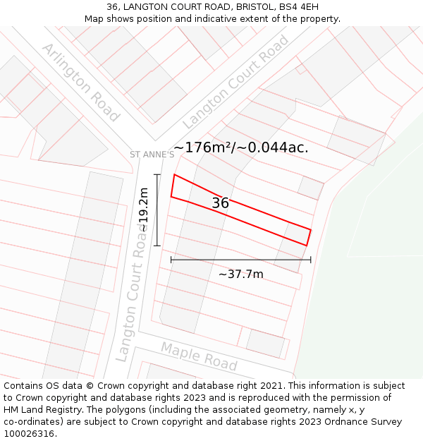 36, LANGTON COURT ROAD, BRISTOL, BS4 4EH: Plot and title map
