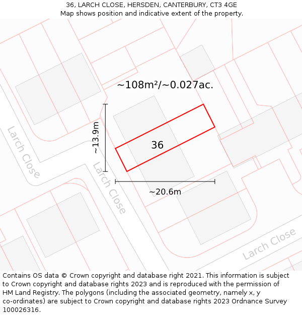 36, LARCH CLOSE, HERSDEN, CANTERBURY, CT3 4GE: Plot and title map