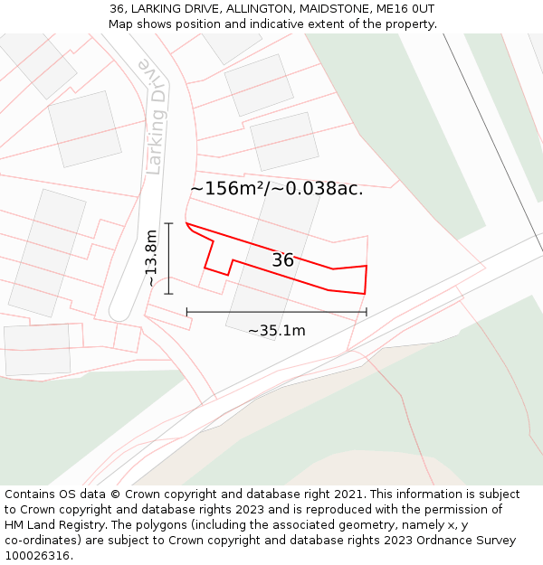 36, LARKING DRIVE, ALLINGTON, MAIDSTONE, ME16 0UT: Plot and title map