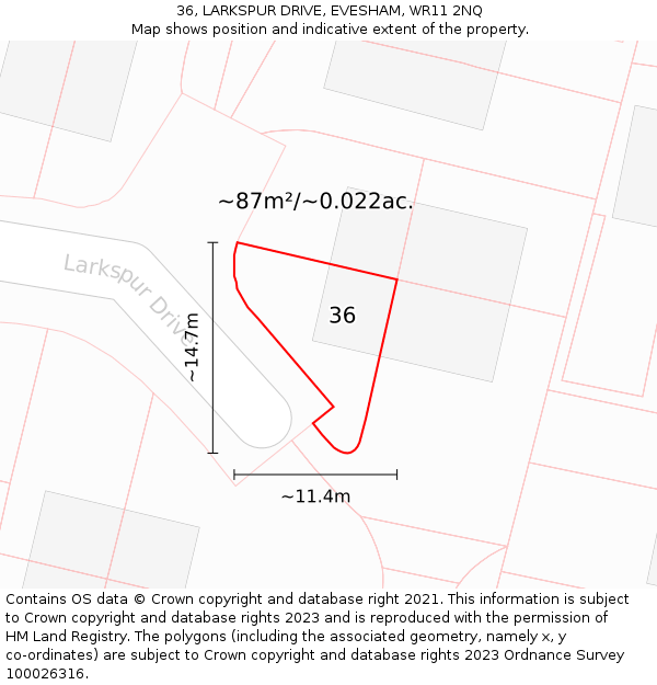 36, LARKSPUR DRIVE, EVESHAM, WR11 2NQ: Plot and title map