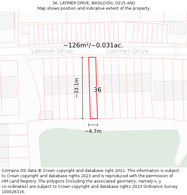 36, LATIMER DRIVE, BASILDON, SS15 4AD: Plot and title map