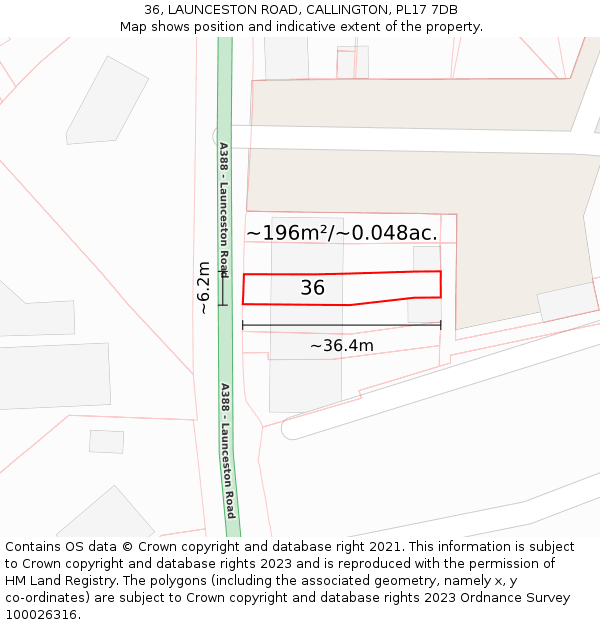 36, LAUNCESTON ROAD, CALLINGTON, PL17 7DB: Plot and title map