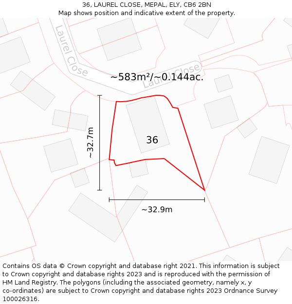 36, LAUREL CLOSE, MEPAL, ELY, CB6 2BN: Plot and title map