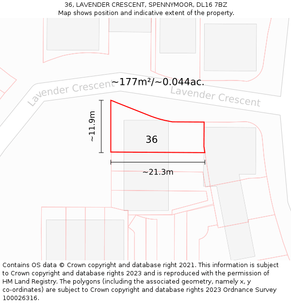 36, LAVENDER CRESCENT, SPENNYMOOR, DL16 7BZ: Plot and title map