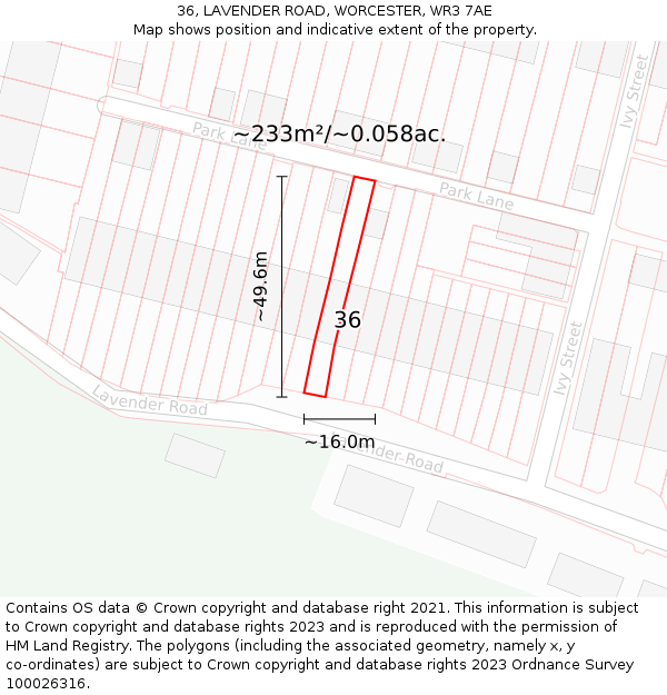 36, LAVENDER ROAD, WORCESTER, WR3 7AE: Plot and title map