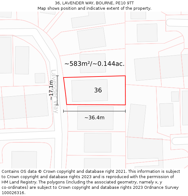36, LAVENDER WAY, BOURNE, PE10 9TT: Plot and title map