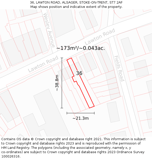 36, LAWTON ROAD, ALSAGER, STOKE-ON-TRENT, ST7 2AF: Plot and title map