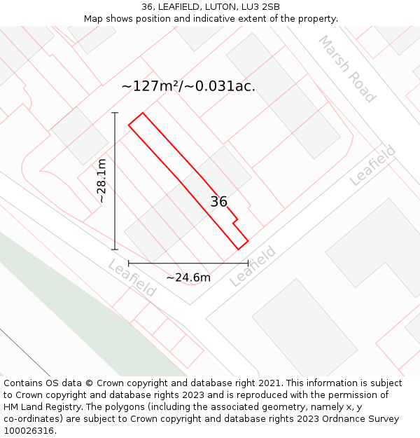 36, LEAFIELD, LUTON, LU3 2SB: Plot and title map