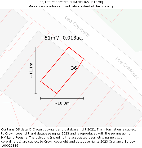 36, LEE CRESCENT, BIRMINGHAM, B15 2BJ: Plot and title map