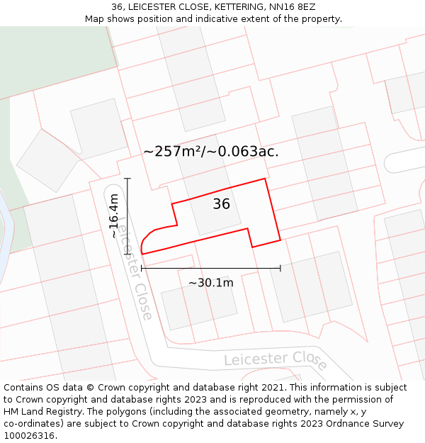 36, LEICESTER CLOSE, KETTERING, NN16 8EZ: Plot and title map
