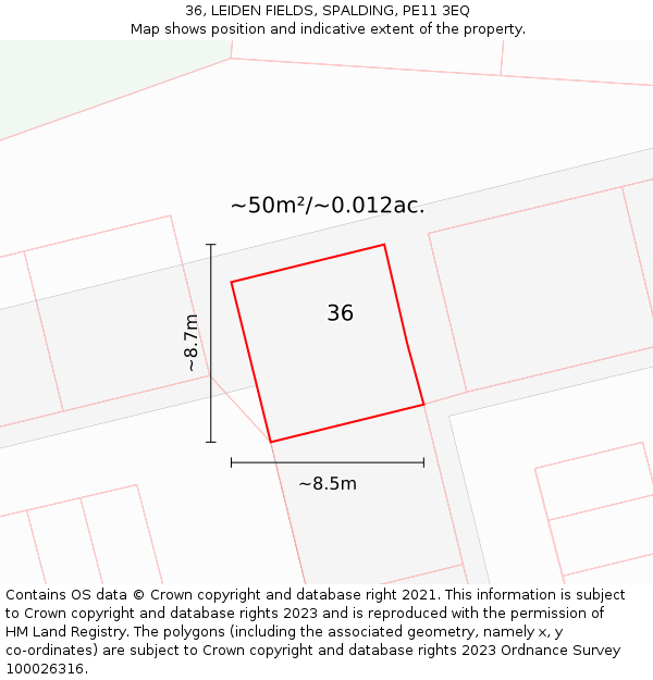 36, LEIDEN FIELDS, SPALDING, PE11 3EQ: Plot and title map