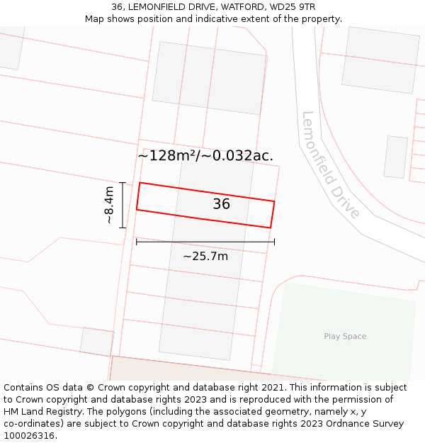 36, LEMONFIELD DRIVE, WATFORD, WD25 9TR: Plot and title map